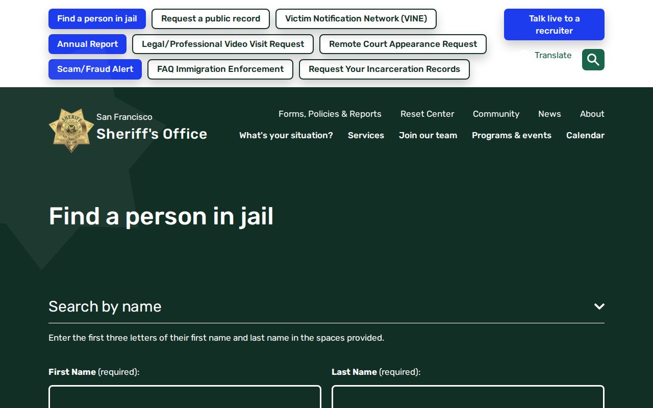 San Francisco County arrest history Sheriff jail lookup