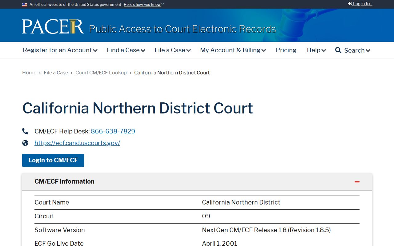 PACER court lookup for the Northern District of California